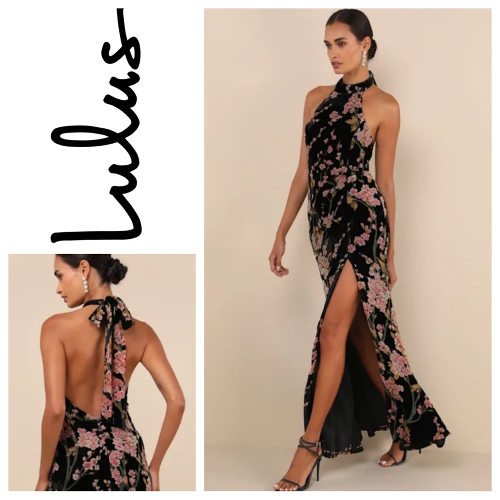 Lulu's Elegant Black Maxi Dress with Pink Floral Design